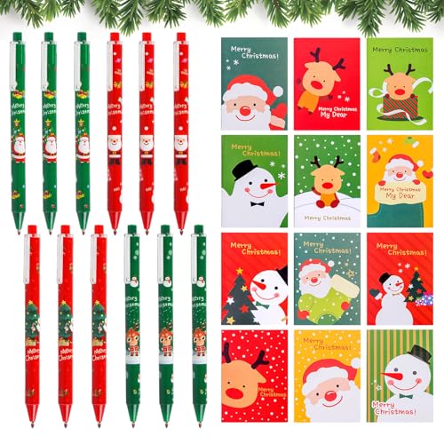 24 Stück Weihnachten Schreibwaren Set, Kugelschreiber Weihnachten, Mini Notizblöcke Weihnachten (Zufälliges Muster), Gelstifte Kugelschreiber, Briefpapier Versorgung Geschenk Weihnachtskugelschreiber von Capgoost