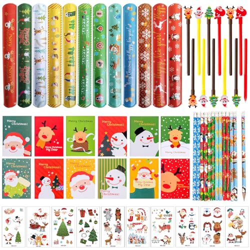 58 Stück Weihnachten Mitgebsel Set, Weinachts Geschenke für Kinder, Weihnachten Schnapparmband Bleistifte und Zufälliger Stil Weihnachts Notizblock, Weihnachten Tattoo, Kinder Geburtstag Mitgebsel von Capgoost