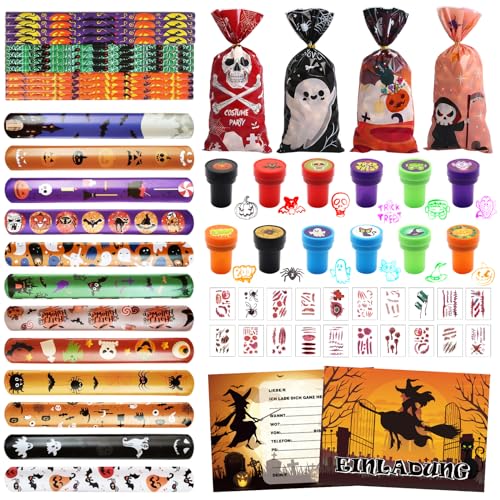 Halloween Mitgebsel, 80 Halloween Partygeschenke, Halloween Deko Party Spielzeug Zubehör mit Halloween Süßigkeiten Tüten, Kinder Party Mitgebsel Halloween Einladungskarten Kindergeburtstag Spielzeug von Capgoost