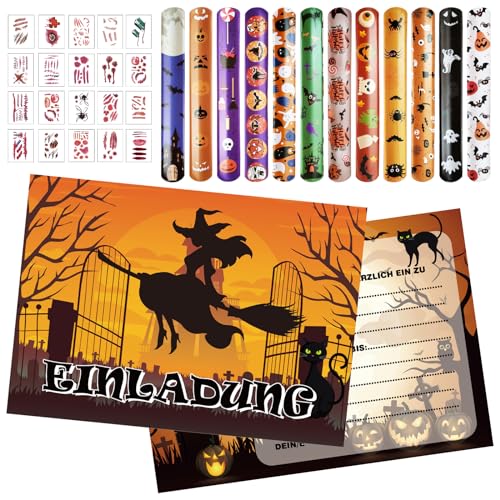 Halloween Einladungskarten, 44PCS Halloween Mitgebsel, Halloween Schnapparmband Kinder mit Halloween Tattoos Aufkleber, Halloween Party Deko Kinder Geschenke, Halloween Kindergeburtstag Gastgeschenke von Capgoost