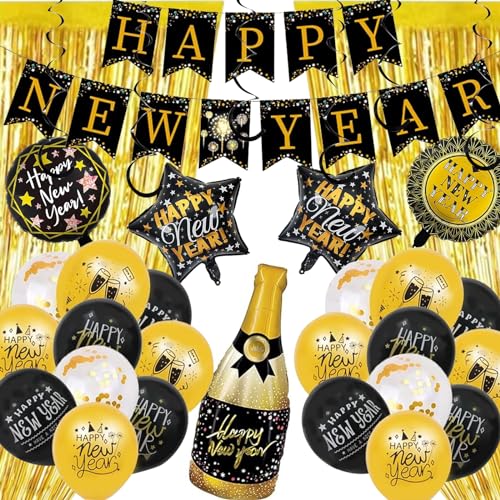 Silvester Deko 2025, 33 Stück Silvester Party Dekoration Set, Happy New Year Banner, Party Deko Tinsel Curtain Foto Requisite, Konfetti Ballons, Folienballons Neujahrdeko Silvesterparty Accessoire von Capgoost