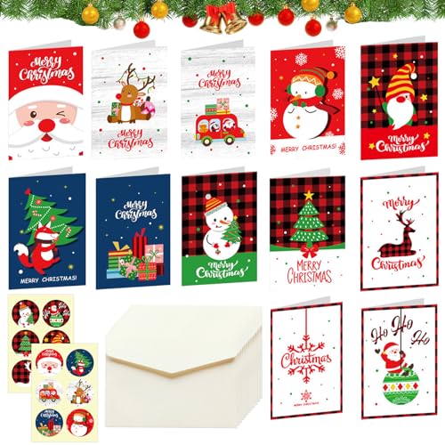 Weihnachtskarten mit Umschlag Set, 12 Stück Weihnachtskarten, Weihnachtskarte Klein, Kinder Klappkarten Postkarten Weihnachten mit Aufkleber, Grußkarten Christmas Cards Weihnachtspostkarten Set(A) von Capgoost