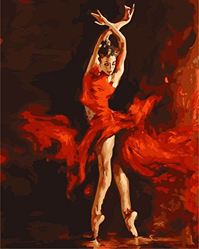 CaptainCrafts Malen nach Zahlen Erwachsene, DIY Malen nach Zahlen Leinwand Acrylfarbe Wand Kunstwerk Geschenke Home Wall Decor 16 * 20 Zoll (Rahmenlos, Tänzer Ballett Ballerina Rot Feuer Mädchen) von CaptainCrafts