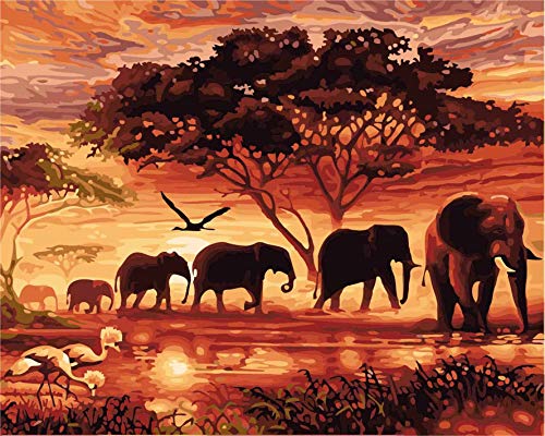 CaptainCrafts Malen nach Zahlen Erwachsene, Malen nach Zahlen Anfänger DIY Ölmalerei Kit 16x20 Zoll Zuhause Wanddekoration (Mit Rahmen, Twilight Forest Elephant Family) von CaptainCrafts