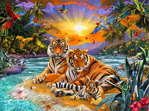 CaptainCrafts Malen nach Zahlen für Erwachsene Anfänger Leinen Leinwand Kits 16x20 Zoll - Tiger familie im Sonnenschein Zoo (Ohne Rahmen) von CaptainCrafts