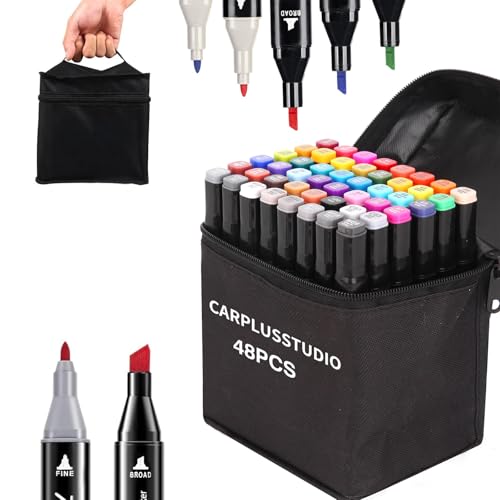 CarPlusStudio Alkohol Marker Set - 48 Farben Alcohol Marker Twin Tip Marker Stifte für Manga, Design, Zeichnung & Malerei, Ergonomische Alkohol Stifte mit Feiner und Meißelspitze von CarPlusStudio