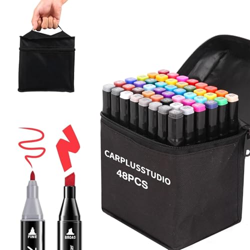 CarPlusStudio Alkohol Marker Set - 48 Farben Alcohol Marker Twin Tip Marker Stifte für Manga, Design, Zeichnung & Malerei, Ergonomische Alkohol Stifte mit Feiner und Meißelspitze von CarPlusStudio