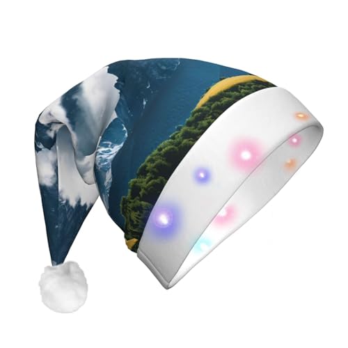 Landschaft mit Bergen und Wolken LED-Weihnachtsmütze für Erwachsene – multifunktionale Volldruck-Kopfbedeckung, perfekt für Festlichkeiten von CarXs