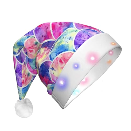 Schöne Regenbogenfarben, Meerjungfrau-LED-Weihnachtsmütze für Erwachsene – multifunktionale Volldruck-Kopfbedeckung, perfekt für Festlichkeiten von CarXs