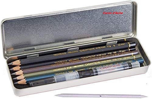 Caran d'Ache 6 Aquarellstifte und Aquarellpinsel und Spitzerund Estompen - Papierwische von Caran d'Ache ESPACEBEAUXARTS