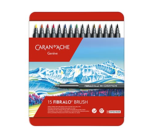 Caran d'Ache Fibralo Brush Sortiment mit 15 Farben, wasservermalbare Fasermaler mit Pinselspitze 0,5-5 mm, 0186.315 von Caran d'Ache