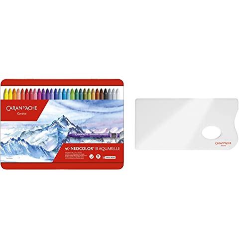 Caran d'Ache Creative Art Materialien Wachsmalstifte''Caran d 'Ache Neocolor II'', wasserlöslich, mehrfarbig, 40 Stück, 7500.340 & Künstler-Palette Plexiglas Weiß 26 x 13 mm von Caran d'Ache