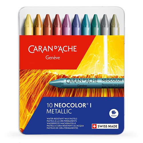 Caran d'Ache Metalldose mit 10 Wachspastellkreiden, verschiedene Metallic-Farben, Einheitsgröße (10er Pack) von Caran d'Ache