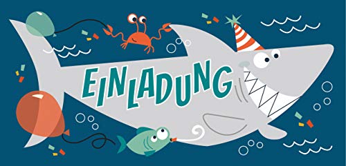 CardWheels 12 Einladungskarten Hai + 13 Aufkleber Gratis - Jungen Mädchen | Party Mitgebsel Karten Geburtstag Shark Fisch von CardWheels