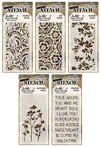 Tim Holtz - Early 2015 Release - Stencils Set 1 - Blossom, Flourish, Lace, Wildflower & Valentine - 5 Item Bundle by Cardmaking Essentials von Cardmaking Essentials