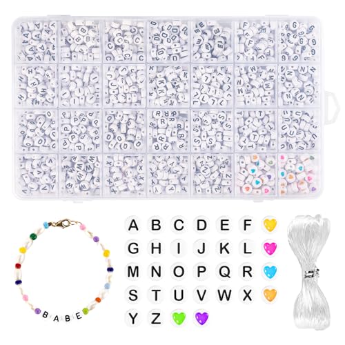 1400+ Stück Buchstabenperlen set, Perlen Buchstaben für Armbänder,Letter Beads Schwarz Weiß Bunte Herz Perlenset mit 5m Gummiband für Kinder Bracelet Freundschaftsarmbänder Haarband Schmuck Basteln von Carehabi