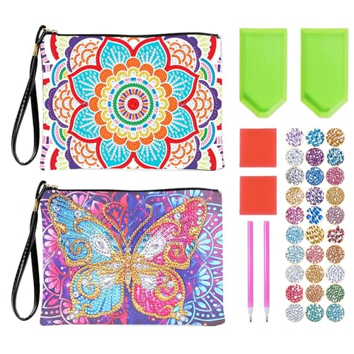 Carehabi Diamond Painting Kosmetiktasche, 2 Stück DIY Diamant Malerei Tasche mit Strasssteinen, Handgelenktasche für Damen, Make-up Tasche für Reisen Alltag, Mandala und Schmetterling Design von Carehabi