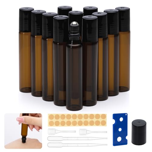 Carehabi Roll on Flasche Leer 10ml, 12 Stück Roll on Glasflaschen für ätherisches öl, Braune transparent Nachfüllbar Rollon Flaschen mit Pipetten für Parfumöle,Duftstoff, Kosmetika, Massagen von Carehabi