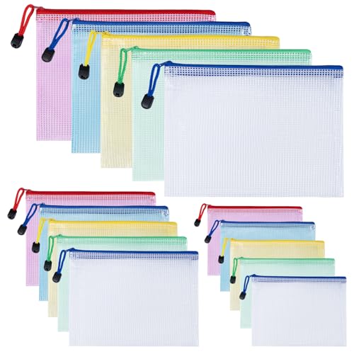 Carehabi bunte Dokumententasche A3+A4+A5, 15Pcs Wasserdichte Document Case, Mesh Beutel mit Reißverschluss, Datei Zipper Tasche Mesh Kunststoff Reißverschlusstasche für Dokumente, Kosmetika(3 Größen) von Carehabi