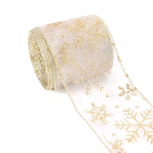 6,3 cm Weihnachtsbaumband, Schneeflocken-Organzaband mit goldenem Glitzer für Kranz, Partydekoration, Heimdekoration, Geschenkverpackungen (goldfarben, 9,1 m) von Carileee