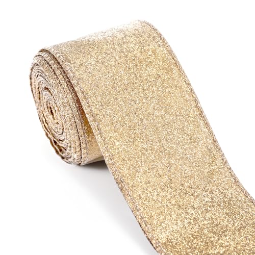 Champagner-Gold-Glitzerband, Champagner-Goldband mit Draht mit goldfarbenem Metallic-Rand, für Geschenkverpackungen, DIY-Schleifen, Weihnachtsbaumkranz, Basteln, Heimdekorationen (6,3 cm x 9,1 m) von Carileee