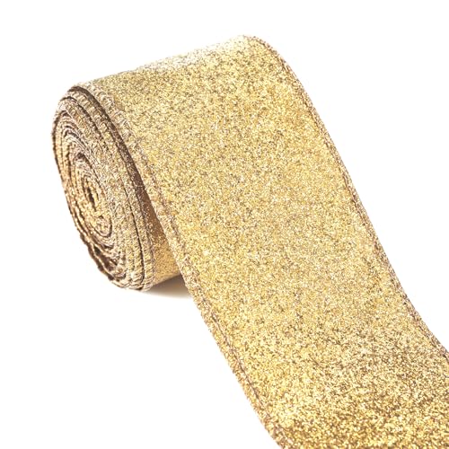 Goldenes Glitzerband, goldfarbenes Band mit Draht mit goldfarbenem Metallrand für Geschenkverpackungen, DIY-Schleifen, Weihnachtsbaumkranz, Basteln, Heimdekorationen (6,3 cm x 9,1 m) von Carileee