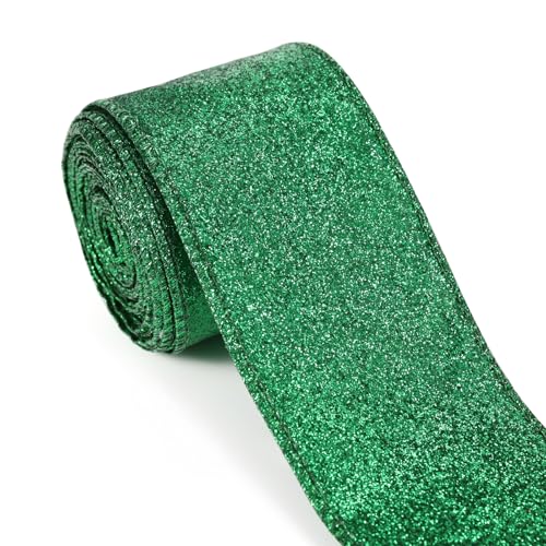 Grünes Glitzerband, grünes Band mit Draht mit grünem Metallic-Rand, für Geschenkverpackungen, DIY, Schleifen, Weihnachtsbaumkranz, Basteln, Heimdekorationen (6,3 cm x 9,1 m) von Carileee