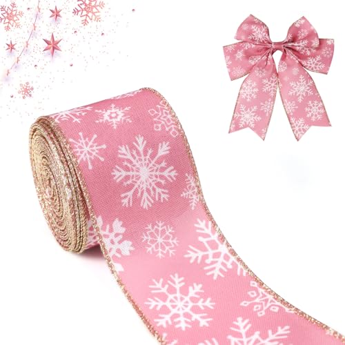 Pinkes Drahtband, 6,3 cm x 9,1 m, Schneeflockenband, rosa Weihnachtsbaumband für Geschenkverpackungen, DIY-Schleifen, Weihnachtsbaumkranz, Basteln, Dekorationen von Carileee