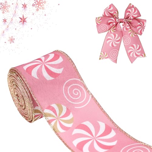 Pinkes Drahtband, 6,3 cm x 9,1 m, Zuckerstangenband, rosa Weihnachtsbaumband für Geschenkverpackungen, DIY-Schleifen, Weihnachtsbaumkranz, Basteln, Dekorationen von Carileee