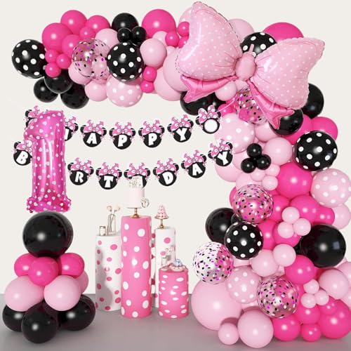 Rosa Maus 1. Geburtstag Dekorationen, 125 Stück Cartoon-Ballonbogen, rosa schwarze Ballon-Girlande, Geburtstagsbanner, 1 Luftballons, Maus-Thema, Folien-Fransenvorhänge für Mädchen Rosa Maus 1. Geburtstag Dekorationen, 125 Stück Cartoon-Ballonbogen, rosa schwarze Ballon-Girlande, Geburtstagsbanner, 1 Luftballons, Maus-Thema, Folien-Fransenvorhänge für Mädchen von Carileee
