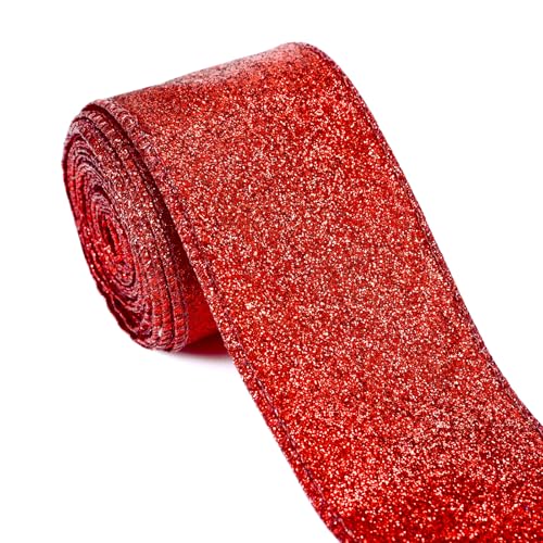 Rotes Glitzerband, rotes Band mit Draht mit rotem Metallic-Rand, für Geschenkverpackungen, DIY, Schleifen, Weihnachtsbaumkranz, Basteln, Heimdekorationen (6,3 cm x 9,1 m) von Carileee