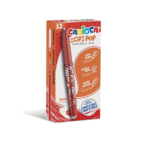Carioca Oops Pop Radierbare Stifte Rot - 12 Stück | Set löschbare nachfüllbare Stifte für Schule und Büro mit Kapuze, doppeltem Gummi und ergonomischem Griff, rote Stifte, 12 Stück Carioca Oops Pop Radierbare Stifte Rot - 12 Stück | Set löschbare nachfüllbare Stifte für Schule und Büro mit Kapuze, doppeltem Gummi und ergonomischem Griff, rote Stifte, 12 Stück von Carioca