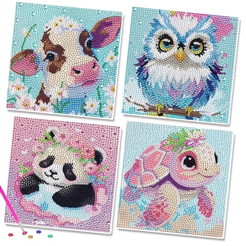 4er Set Diamond Painting Kinder, Diamond Painting Kinder ab 4 5 6 7 8 9 10 Jahre, Basteln Mädchen 6-12 Jahre, 5D Diamant Painting Bilder Kinder Mädchen Tiere mit Geschenkbox für Kinder 15x15cm von CarlonLin