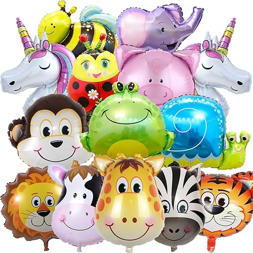 14x Tier Luftballons Folienballons als Deko für Kindergeburtstag und Zoo Party | Set plus Ballonband und Aufblashilfe | Helium Ballongas, Edition: 14 Tier Folienballons von Carpeta