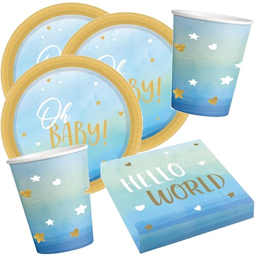 33-teiliges Party Set * OH BABY * in blau bestehend aus: 8 Pappteller + 16 Servietten + 8 Pappbecher + 25 Luftballons von CARPETA® | Babyparty Babyshower Junge blau von Carpeta