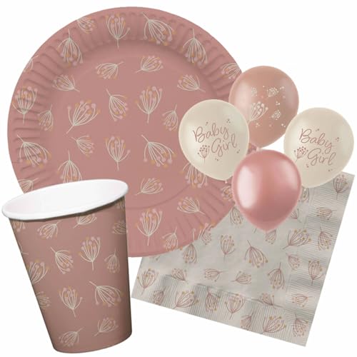 37-tlg Babyshower-Set * BLOOMING BABY PINK * für 8 Gäste mit Teller + Becher + Servietten + Luftballons | zur Mädchen Baby Party | Shower Deko Partydeko Girl von Carpeta