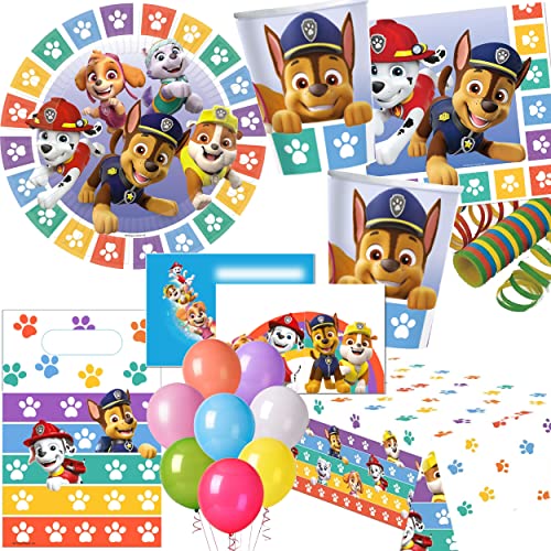 Carpeta 101 Teile * PAW Patrol * Party-Set für Kindergeburtstag mit 8 Kindern: Teller Becher Servietten Einladungen Partytüten Tischdecke Trinkhalme Luftschlangen Ballons | Geburtstag Deko von Carpeta