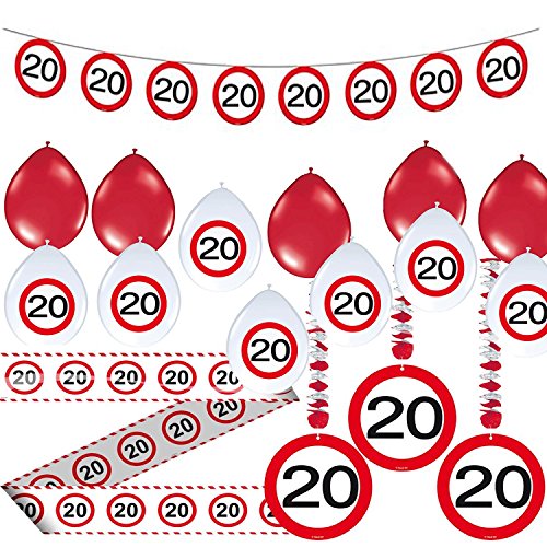 CARPETA 23-TLG. Partyset * 20. Geburtstag * mit Verkehrschild Deko: Wimpelkette + Rotorspiralen + Absperrband und vielen Luftballons Dekoset Dekobox Verkehrsschild zwanzig Schild Jubiäum von Carpeta