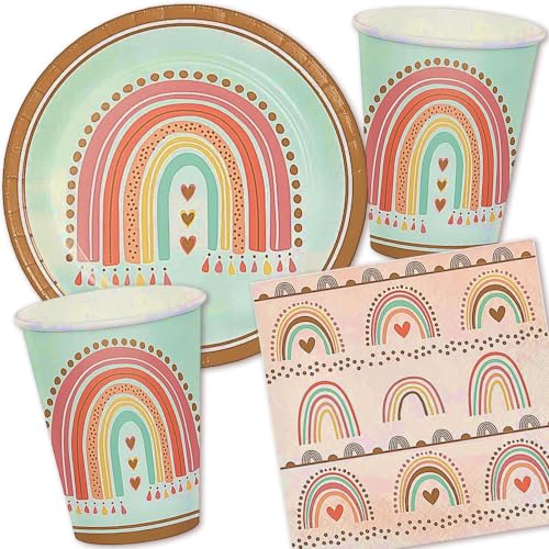 Carpeta 33-TLG Party-Set * Rainbow Boho * für 8 Gäste mit Teller + Becher + Servietten + Luftballons | Bohemian Party Regenbogen Geburtstag Deko von Carpeta