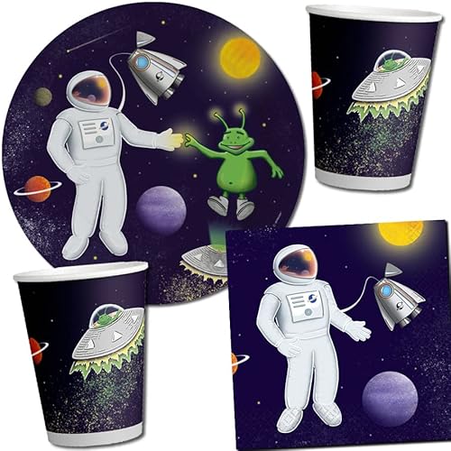 Carpeta 33-TLG Partyset * Space Party * für Kindergeburtstag mit Teller + Becher + Servietten + Deko | Astronaut Weltraum Rakete Kinder Geburtstag Mottoparty von Carpeta