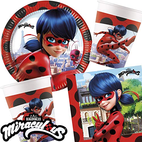 Carpeta 37-teiliges Partyset * Miraculous Ladybug * mit Pappteller + Servietten + Becher + Deko für Kindergeburtstag oder Superheldinnen-Mottoparty | Marienkäfer Motto Party Set Geburtstag von Carpeta