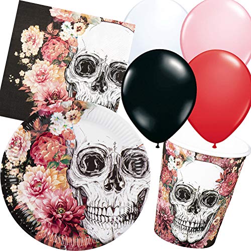 Carpeta 45-teiliges Party-Set * Halloween Totenkopf * mit Teller + Becher + Servietten + Luftballons | Skelett Tod tot Blumen Horror Partygeschirr Deko Party Mottoparty von Carpeta