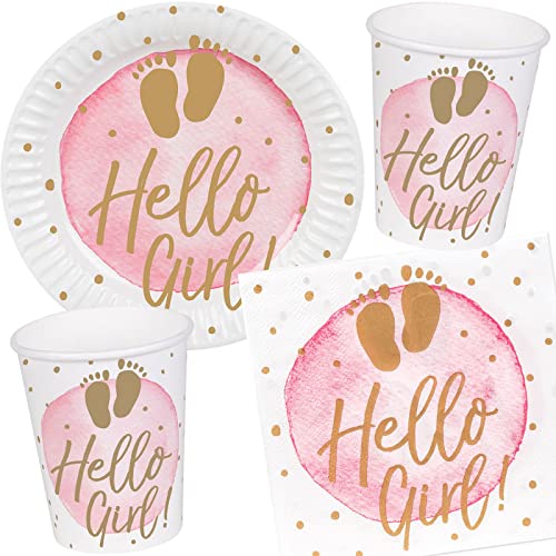 Carpeta 52-TLG. Party-Set * Hello Girl * für Geburt & Baby Shower | Teller + Becher + Servietten + Deko | Baby Girl Mädchen Pink von Carpeta