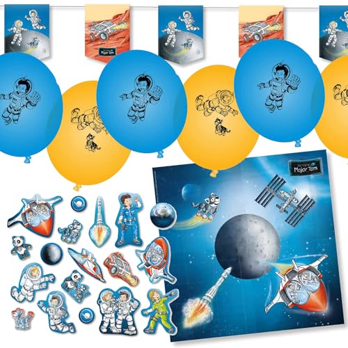 Deko-Set für Kindergeburtstag, Mottoparty und Party | 77 Teile mit Servietten + Konfetti + Wimpelkette + Luftballons | Kinder Deko Partydeko (Major Tom) von Carpeta