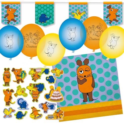 Deko-Set * DIE SENDUNG MIT DER MAUS * für Kindergeburtstag, Mottoparty und Party | 77 Teile mit Servietten + Konfetti + Wimpelkette + Luftballons | Kinder Deko Partydeko, Edition: Sendung mit der Maus von Carpeta