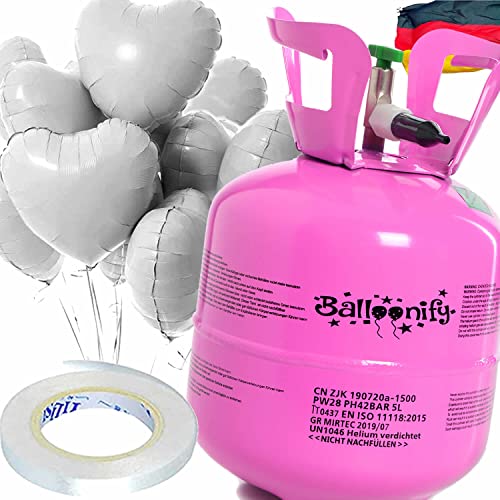Helium Ballongas + Herz Folienballons + Ballonband | 20er Heliumflasche + Knickventil + 8 Ballonherzen + 10m Band | Luftballon Herzen Geburtstag Party Hochzeit, Edition: Set mit Weißen Herzballons von Carpeta