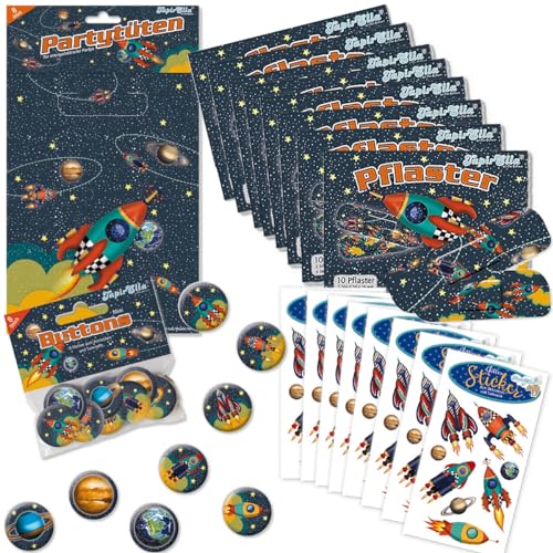 Carpeta Mitgebsel-Set * RAKETE & WELTRAUM * für Kindergeburtstag und Mottoparty | 104 Teile mit Partytüten + Button + Pflaster + Sticker | Kinder Geburtstag Party Space Weltall Astronaut von Carpeta