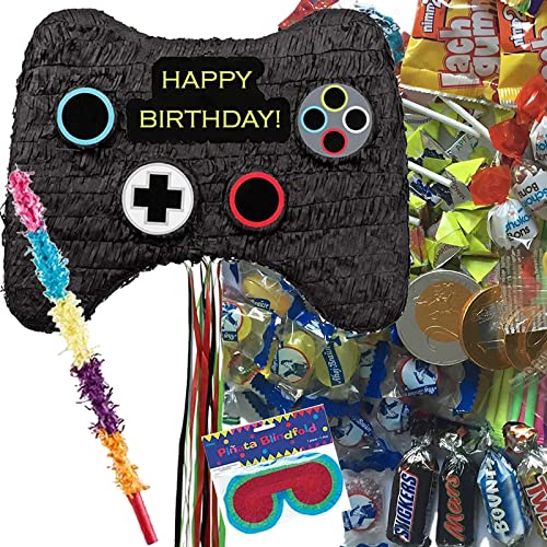 Pinata * GAMEPAD * als Spiel und Deko für Kindergeburtstag und Mottoparty | Größe: 45x32x8cm | Pinatas Gaming Gamer Spielkonsole Zocker Kinder Partydeko, Edition: Pinata mit Stock, Brille, Süßigkeiten von Carpeta