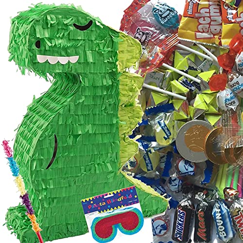 Pinata * GRÜNER DINO * als Spiel und Deko für Kindergeburtstag und Mottoparty | Größe: 11x34x44cm | Pinatas Dinos Dinosaurier Kinder Partydeko, Edition: Pinata mit Stock, Brille, Süßigkeiten von Carpeta