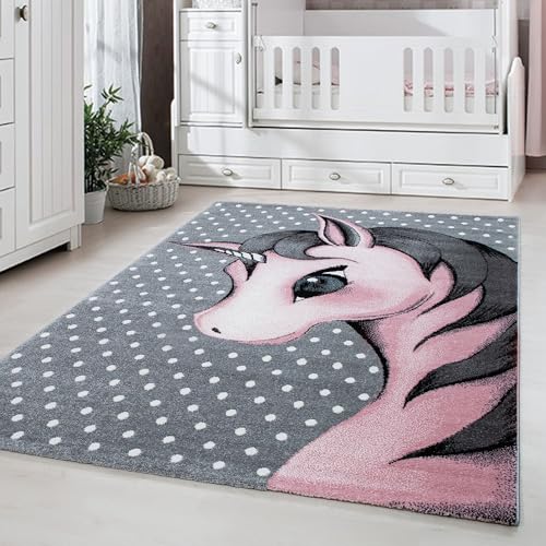 Carpetsale24 Kinderteppich Modern Einhorn-Design Pink 160 cm Rund - Kurzflor Teppich Kinderzimmer Waschbarer Babyteppich Spielteppich für Junge und Mädchen Extra Weich und Antiallergen Runder von Carpetsale24